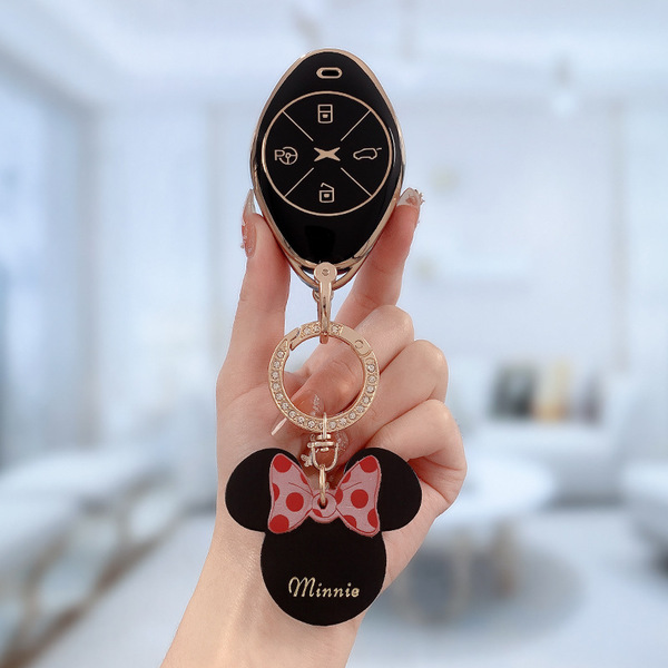 Xpeng P7 Key Cover - Premium Silicone & Cute | Wholesale & Custom Logo - Black bag with gold trim (C style) [bag + gold diamond buckle + black Minnie Mouse headband] with free pearl chain