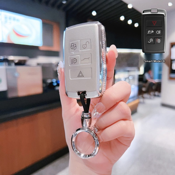 Land Rover Key Cover - Durable & Stylish | Wholesale & Custom Logo - Land Rover B-Class Intelligent 5-Button Set [Side Diamond Set, White, Single Sleeve + Round Ring Buckle]