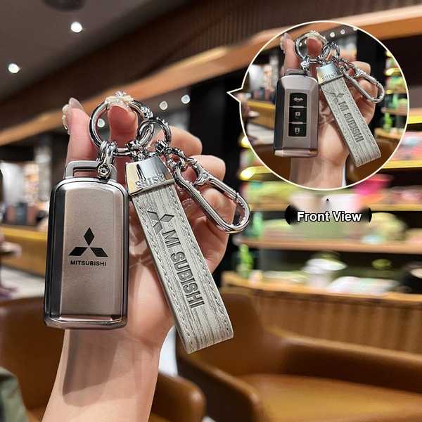 Mitsubishi Outlander Key Cover - Premium Leather | Wholesale & Custom - Mitsubishi Model A Smart 3-Button Set (Single Set + Light Gray Wood Grain Cord with Silver Buckle)