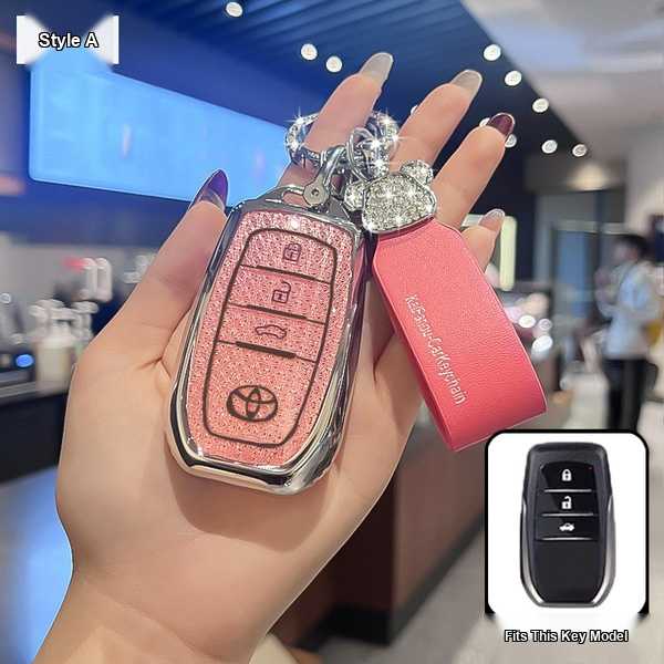 Toyota Camry Key Cover - Durable & Stylish | Wholesale & Custom Logo - Toyota A-type Smart 3-button: Diamond Pattern Pink (Single Set + Bear Head Diamond-Studded Lanyard)