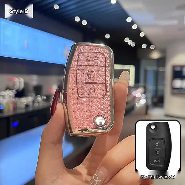 Ford Classic Focus Key Cover - Durable & Stylish | Wholesale & Custom Logo - Ford D-type folding 3-button: Diamond pattern pink (single set)
