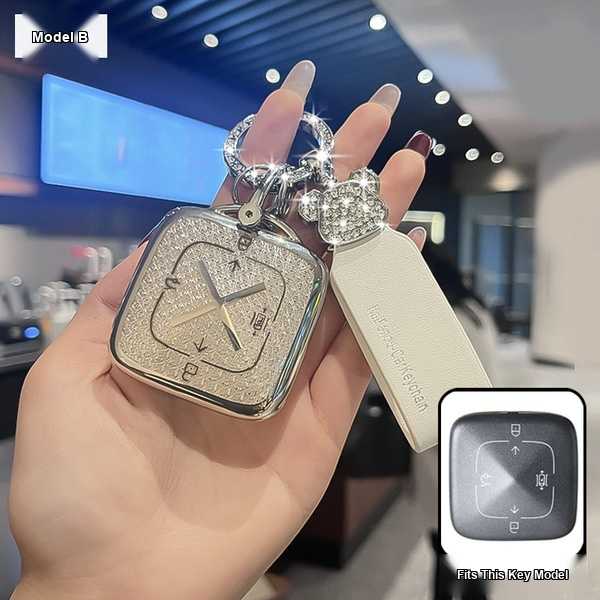 ZEEKR 001 Key Cover - Durable & Stylish | Wholesale & Custom Logo - Extreme Krypton B Smart 4-Button Set: Diamond Pattern White (Single Set + Bear Head Diamond-Studded Hanging Cord)