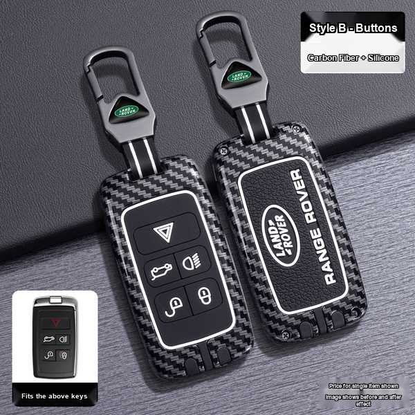 Carbon fiber and silicone land rover key cover for range rover sport evoque, featuring style b buttons and a sleek design.