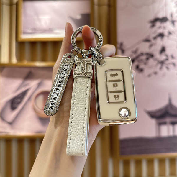 Mitsubishi Outlander Key Cover - Durable & Stylish | Wholesale & Custom - Mitsubishi J-style folding 3-button design: Milk White (single set + H lanyard + number plate)