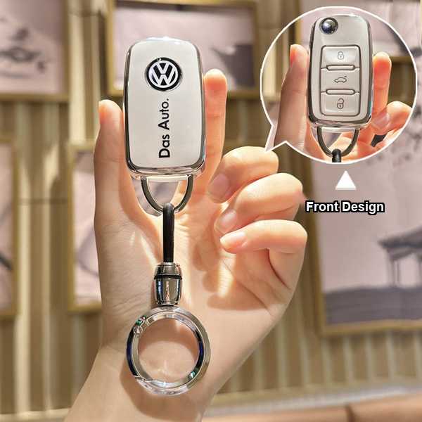 Premium leather vw key cover for jetta, polo, tiguan, featuring sleek design and das auto branding, showcased with a clear fr...