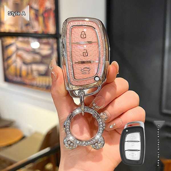 Modern Key Cover - Stylish & Durable | Wholesale & Custom Logo - Modern A-type Smart 3-button (Pink single set + Astronaut-style diamond buckle)