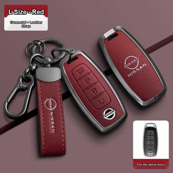 Red nissan altima key cover for 2026 model, featuring gunmetal accents and a leather strap, designed to fit nissan keys with ...