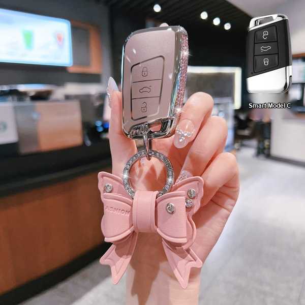 Volkswagen CC Key Cover - 2025 Model Stylish Fit | Wholesale & Custom Logo - Volkswagen C-style Smart 3-button Set [Side Rhinestone Pink Single Set + Bow Rhinestone Buckle]