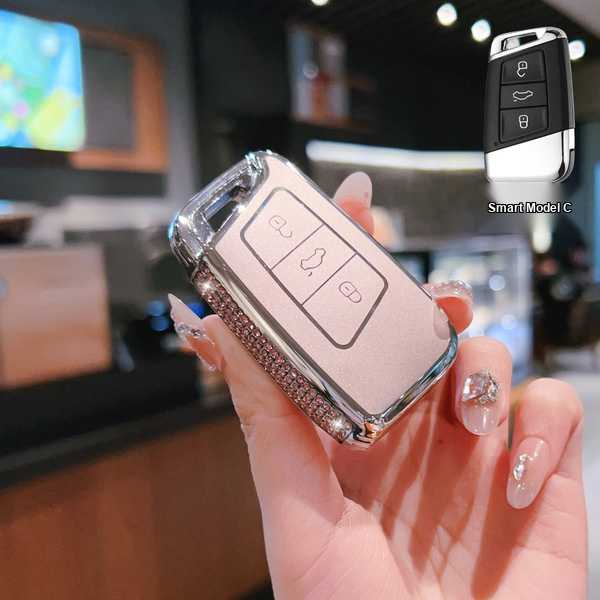 Volkswagen CC Key Cover - 2025 Model Stylish Fit | Wholesale & Custom Logo - Volkswagen C-type Smart 3-button Set [Side Diamond Pink Single Set]