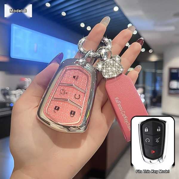 Cadillac Key Cover - Durable & Stylish | Wholesale & Custom Logo - Cadillac Model B Smart 5-Key: Diamond Pattern Pink (Single Set + Bear Head Diamond-Studded Lanyard)
