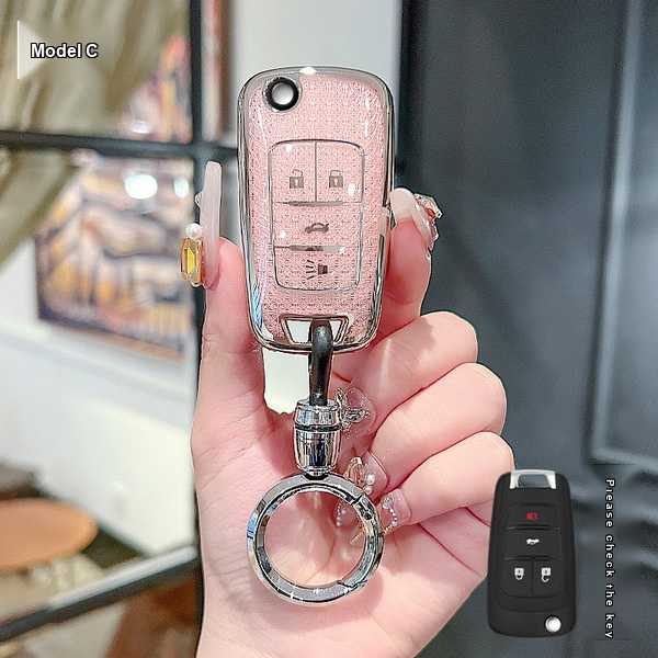 Buick Car Key Cover - Soft & Durable | Wholesale & Custom Logo - Buick C-type folding 4-button (pink single set + silver round hook)