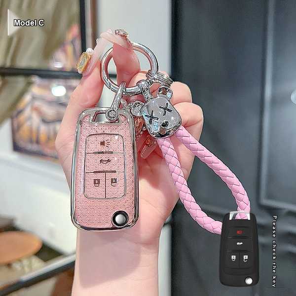 Buick Car Key Cover - Soft & Durable | Wholesale & Custom Logo - Buick C-type folding 4-button (pink single set + bear head braided lanyard)