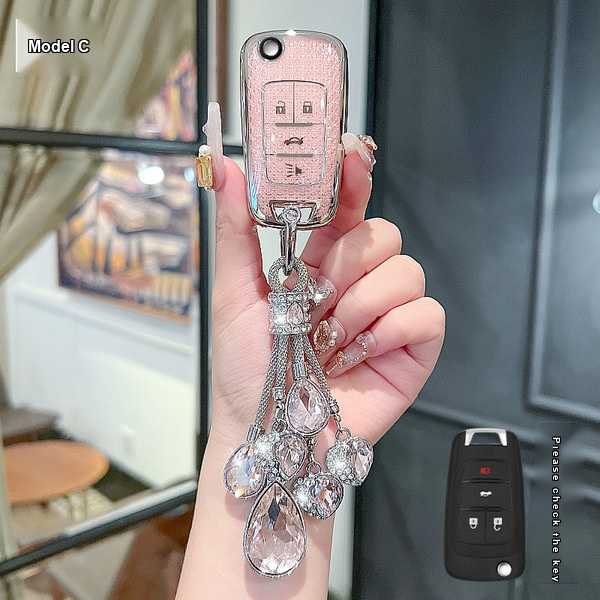 Buick Car Key Cover - Soft & Durable | Wholesale & Custom Logo - Buick C-type folding 4-button set (pink single set + crystal rhinestone pendant)
