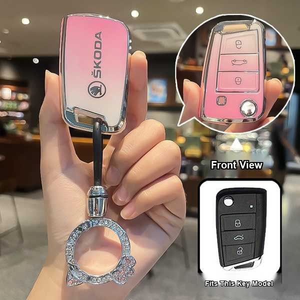 Skoda Octavia Pro Key Cover - Durable & Stylish | Wholesale & Custom - Skoda B-type folding 3-button model: Gradient pink (single set + Hello Kitty rhinestone buckle)