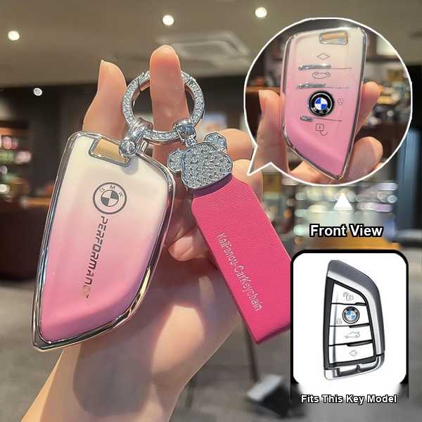 BMW Key Cover - Premium Blade Design | Wholesale & Custom Logo - BMW B Style: Gradient Pink (Single Set + Bear Head Rhinestone Cord)