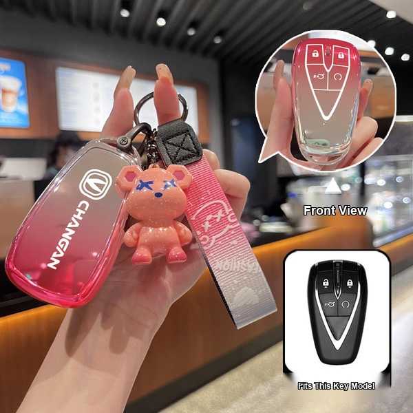 CS75plus Key Cover - Durable & Stylish | Wholesale & Custom Logo - Changan H-type smart 4-button: Gradient pink (single set + Violent Bear plush toy)