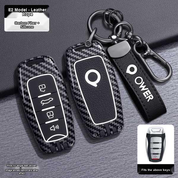 Leather key cover for gwm cannon, featuring carbon fiber and silicone design, shown with a matching key fob and strap.