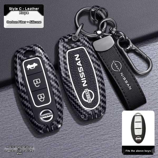 Carbon fiber and silicone nissan key cover for altima 2021, sentra, x-trail, qashqai, featuring a sleek design with leather r...
