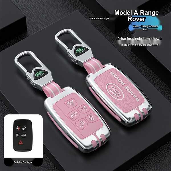 Pink and silver land rover key cover for range rover evoque, featuring a metal buckle style and cherry blossom pink design, s...