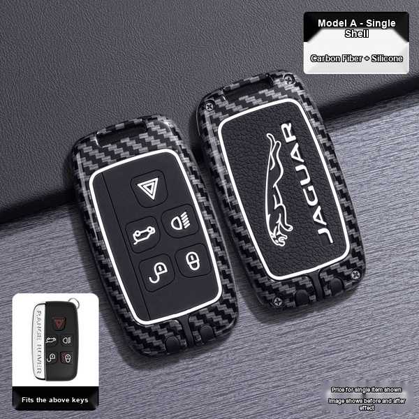 Jaguar xel key cover featuring a carbon fiber and silicone design, offering durable protection for your key fob.