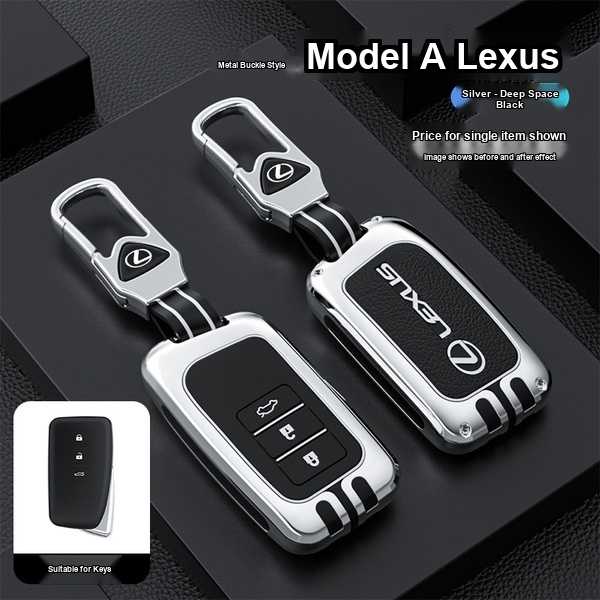 Silver and black lexus key cover case for es200, rx350, nx200 models, featuring a sleek metal buckle design and protective le...