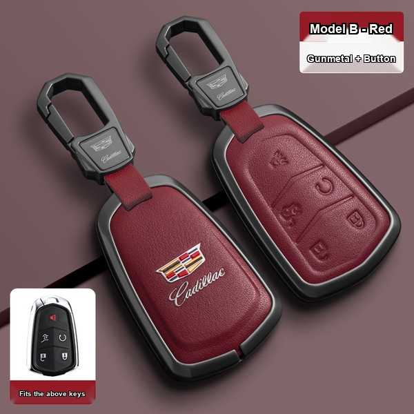 Elegant red leather cadillac key cover for xt5, xt4, xt6, xts, ct4, ct5, and ct6 models, featuring a gunmetal clip and button...