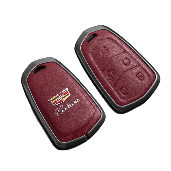 Elegant red cadillac key cover for xt5, xt4, xt6, xts, ct4, ct5, and ct6, featuring a sleek leather design with embossed logo...