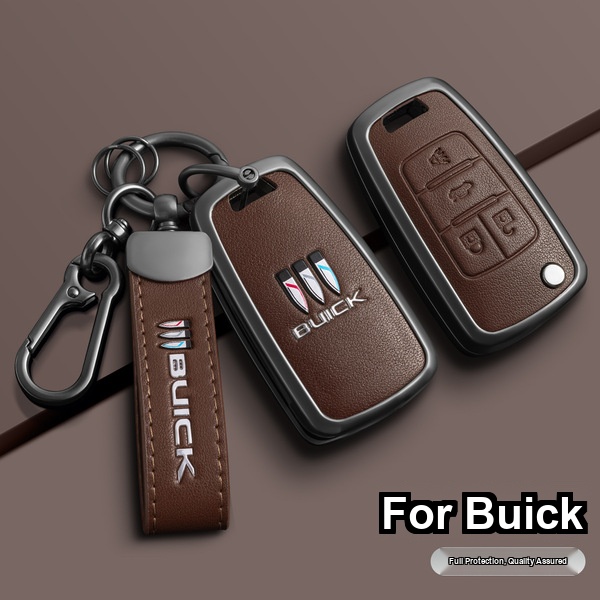 Elegant brown leather key cover for buick excelle, featuring a sleek design with a carabiner and buick branding, offering ful...