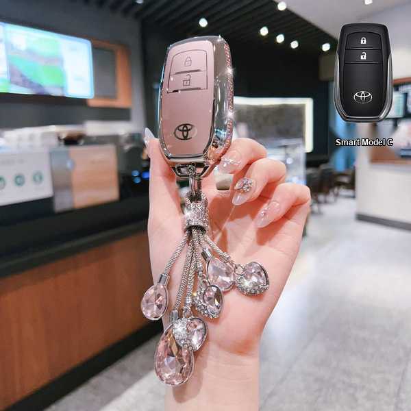 Toyota RAV4 Key Cover - Stylish & Durable | Wholesale & Custom Logo - Toyota C-type Smart 2-button Set [Side Diamond Pink Single Set + Crystal Chain]