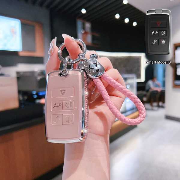 Jaguar XEL Key Cover - Premium & Durable | Wholesale & Custom Logo - Jaguar B-Class Smart 5-Button Set [Pink Side Diamond Set + Bear Head Braided Nail Cord]