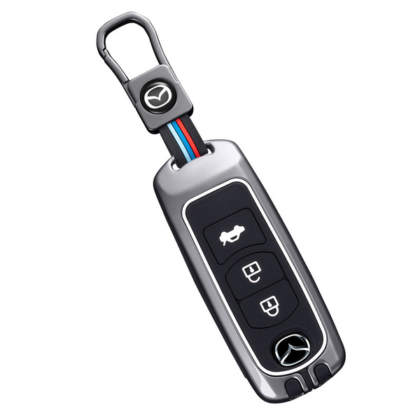 Silver mazda key cover for cx-3, cx-30, cx-4, cx-5, cx-8, atenza, 3, and 6, featuring a sleek design with red, blue, and whit...