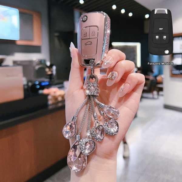 Buick Key Cover - Durable & Protective | Wholesale & Custom Logo - Buick B-type folding 3-button set [Pink side diamond single set + crystal chain]