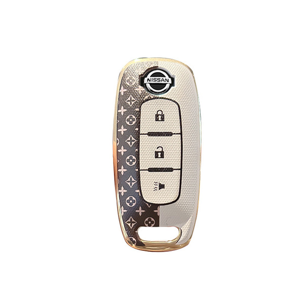Elegant nissan sylphy key cover for 2021 14th gen, featuring a luxurious leather design with a classic monogram pattern and g...