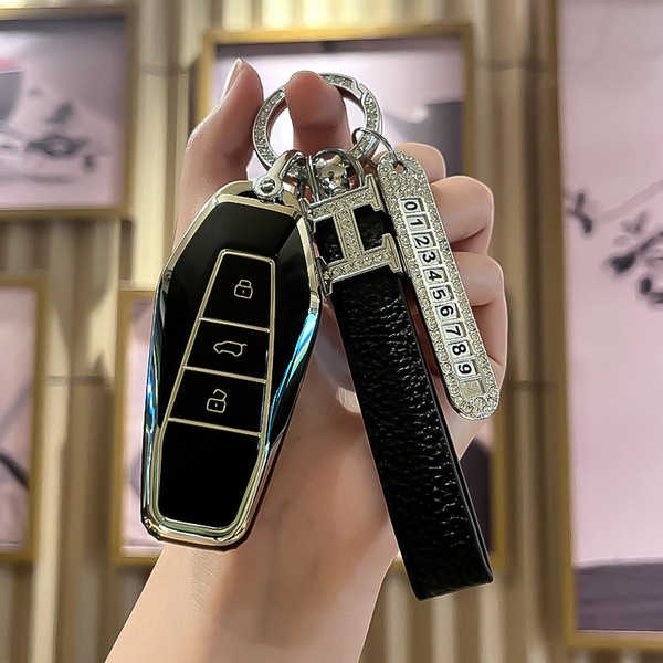 Chery iCar03 Key Cover - Durable & Stylish | Wholesale & Custom - Chery Model I Smart 3-Button: Premium Black (Single Set + H Lanyard + Number Plate)