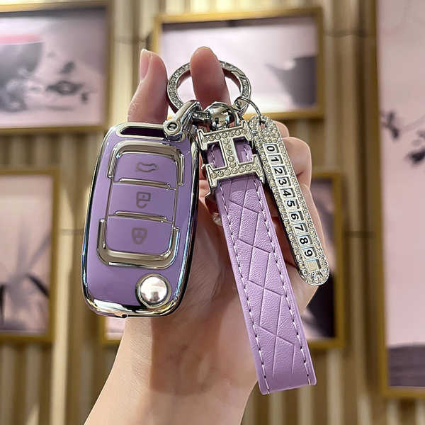 CS10 Car Key Cover - Durable & Protective | Wholesale & Custom - Cheetah B Folding 3-Button: Taro Purple (Single Set + H Lanyard + Number Tag)