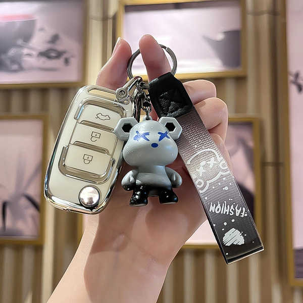 CS10 Car Key Cover - Durable & Protective | Wholesale & Custom - Cheetah B Folding 3-Button Model: Milk White (Single Shell + Violent Bear)