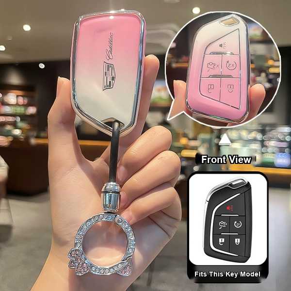 Cadillac XT5 Key Cover - Premium Leather & Fit | Wholesale & Custom Logo - Cadillac F Smart 5-Key: Gradient Pink (Single Set + KT Cat Rhinestone Buckle)