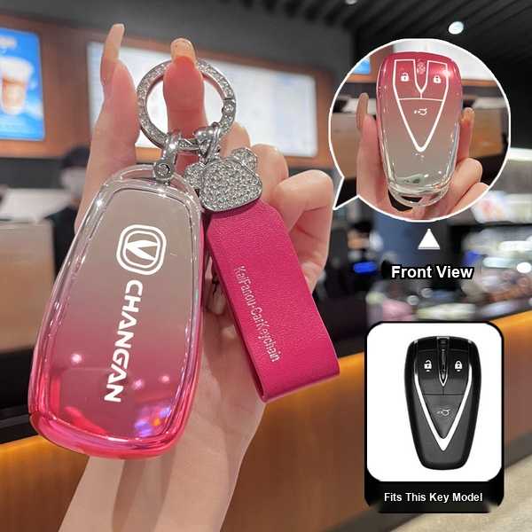 Key Cover for 2024 Changan CS55PLUS - Durable & Stylish | Wholesale & Custom - Changan J-type smart 3-button: Gradient pink (single set + bear head rhinestone lanyard)