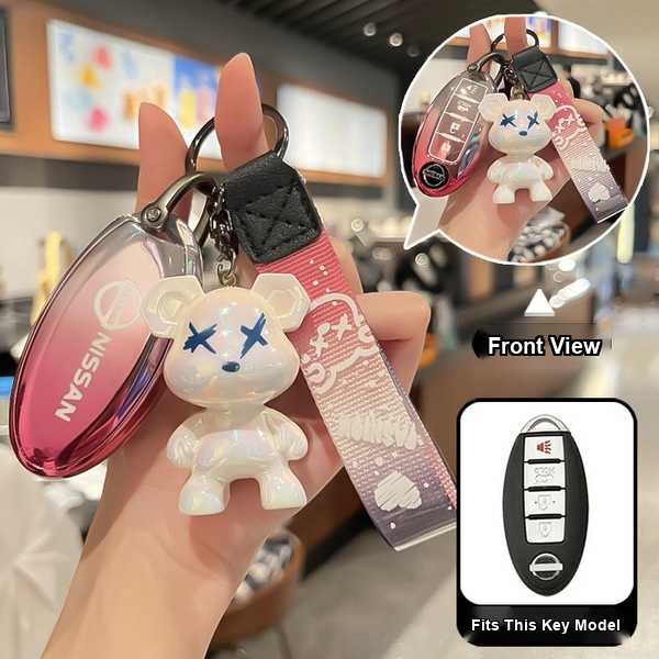 Nissan 14th Gen Sylphy Key Cover - Premium Leather | Wholesale & Custom - Nissan A-type intelligent 4-button tail button horn: Gradient pink (single set + gradient bear)