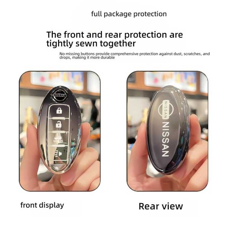 Front and rear view of a nissan sylphy 2021 key cover, showcasing full package protection with tightly sewn leather design fo...