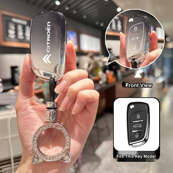 Citroen Peugeot Key Cover - Stylish & Durable | Wholesale & Custom - Citroën E-type folding 3-button: Gradient black (single set + cat ear rhinestone buckle)