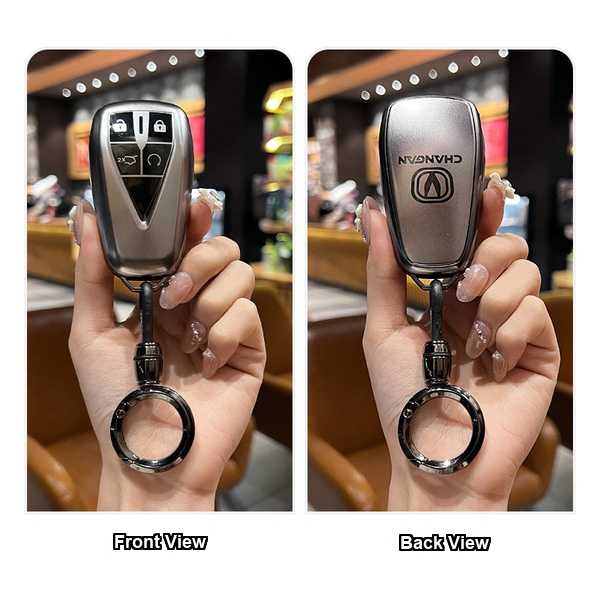 Front and back views of the changan cs75 plus key cover, showcasing its sleek design and premium leather finish.