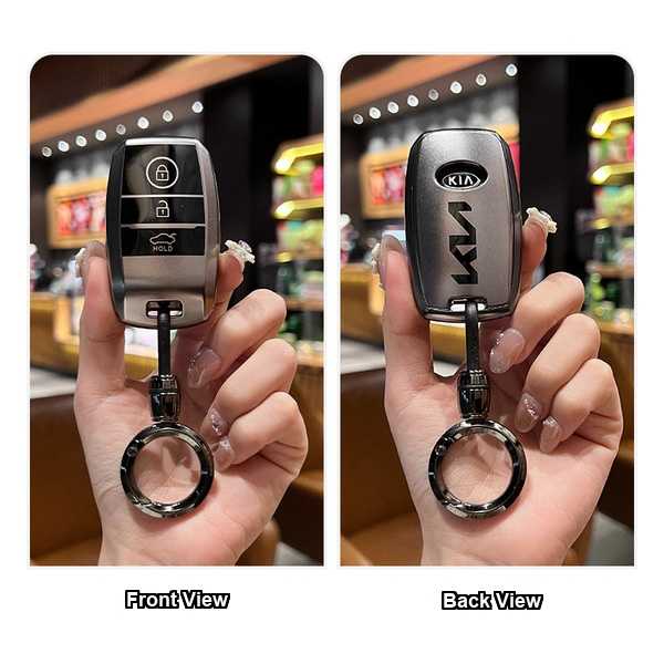Front and back views of a sleek kia key cover, showcasing its design and functionality for models like k5, k2, kx3, k4, kx5, ...