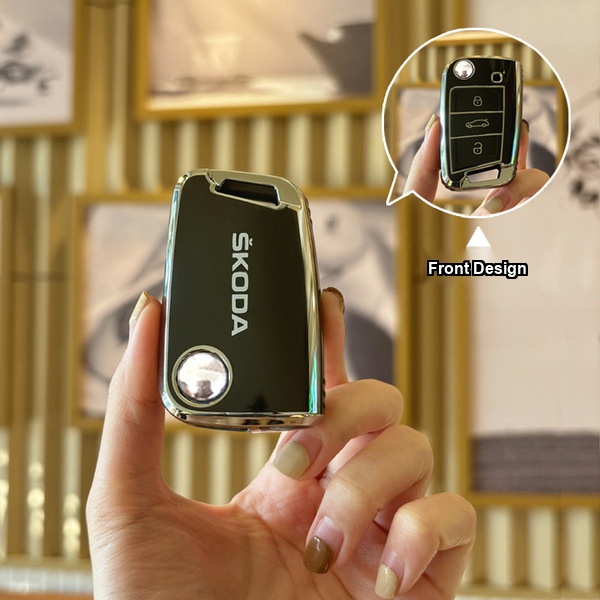 Skoda Key Cover - Durable & Stylish | Wholesale & Custom Logo - Skoda B-model folding 3-button model: Premium Black (single set)