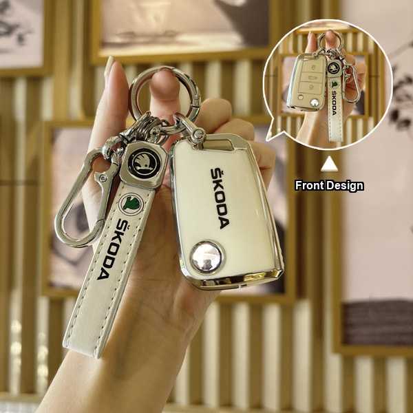 Skoda Key Cover - Durable & Stylish | Wholesale & Custom Logo - Skoda B-type folding 3-button model: Milk White (single set + second-generation lanyard)