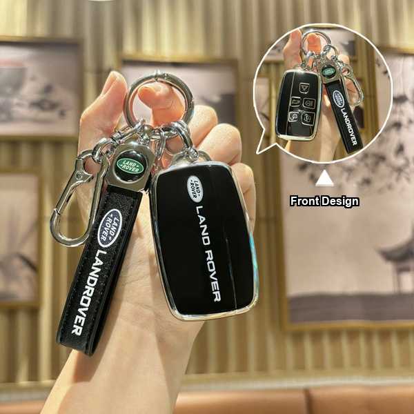 Elegant black leather key cover for land rover evoque, f-pace, and discovery, featuring a sleek front design with the iconic ...