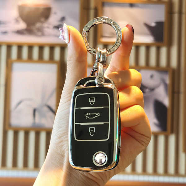 Changan Key Cover - Durable & Stylish | Wholesale & Custom Logo - Changan B-type folding three-button model: Premium Black (single shell + diamond-encrusted buckle)
