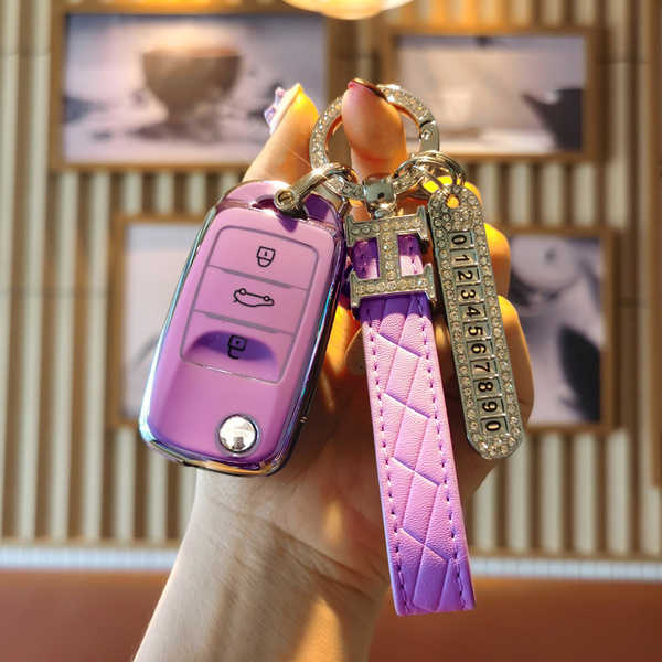 Changan Key Cover - Durable & Stylish | Wholesale & Custom Logo - Chang'an Model B Folding Three-Button: Taro Purple (Single Set + H Lanyard + Number Plate)
