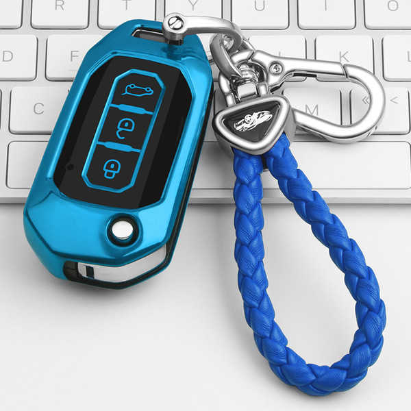 Blue jiangling ford landwind key cover with braided blue rope and silver clasp, designed for landwind plus/s models, displaye...