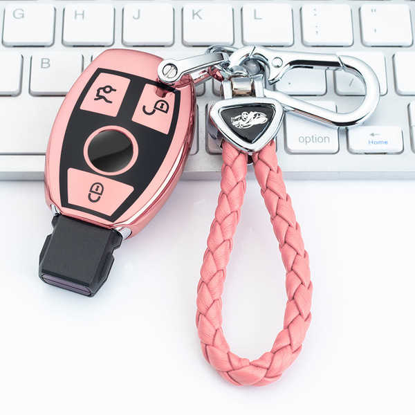 Pink mercedes-benz key cover for c260l, c200l, a200l, glc260l, and gla200 models, featuring a braided leather keychain and sl...